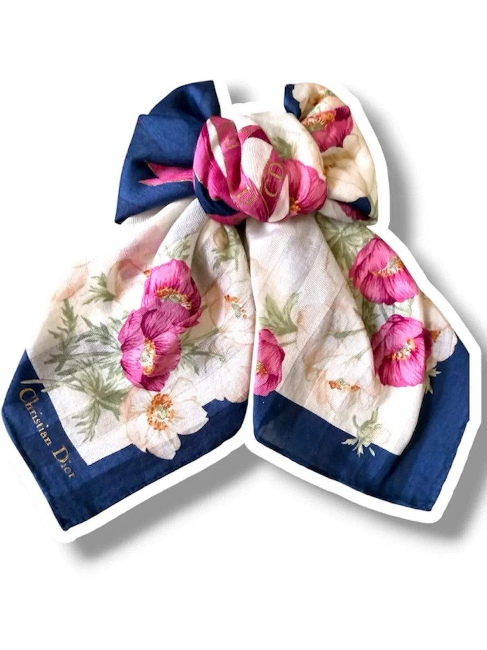 Christian Dior Scarf Blue & White stripes, Floral & Vibrant Pink CD Ribbon